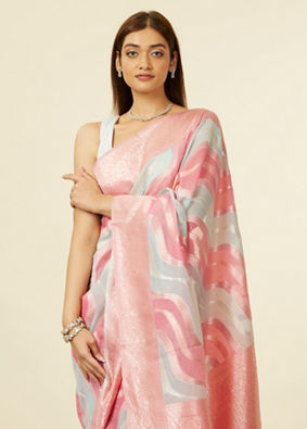 alt message - Mohey Women Pink Light Blue Leaf Patterned Saree image number 1